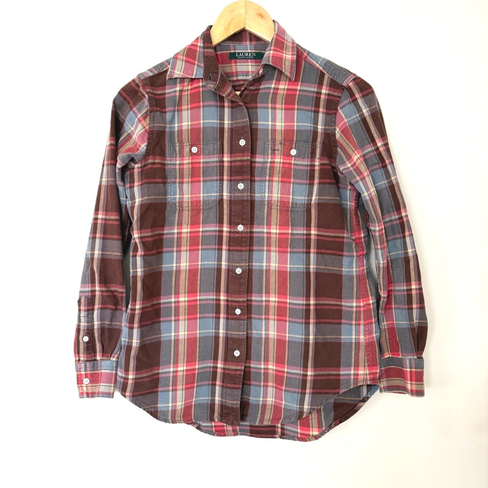 Lauren Ralph Lauren Plaid Western‎ Button Up Shirt Womens XS Red Blue Brown